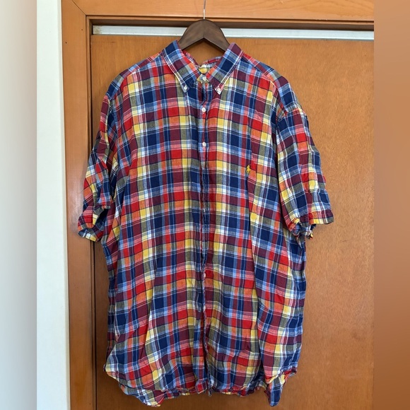 Polo Ralph Lauren Big & Tall‎ plaid 100% LINEN Short Sleeve Button Shirt 2XLT - Picture 1 of 4